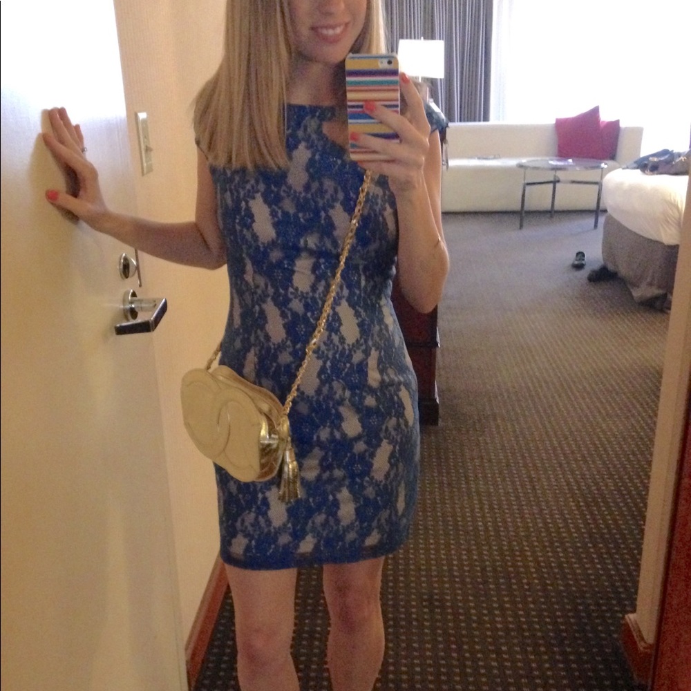 Gorgeous blue mini dress with gold sparkles.